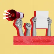 Illustration, die eine Hand mit Megafon, eine zur Faust geballte Hand sowie zwei Hände zeigt, die ein weißes Blatt Papier in die Höhe halten