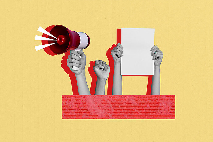 Illustration, die eine Hand mit Megafon, eine zur Faust geballte Hand sowie zwei Hände zeigt, die ein weißes Blatt Papier in die Höhe halten
