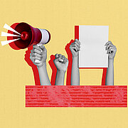 Illustration, die eine Hand mit Megafon, eine zur Faust geballte Hand sowie zwei Hände zeigt, die ein weißes Blatt Papier in die Höhe halten