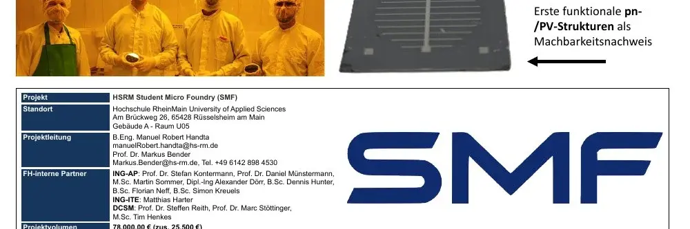 Das Bild zeigt ein Poster zur „Student Micro Foundry“ (SMF). Es enthält Informationen zu den zukünftigen Plänen, Forschungsprojekten und Aktivitäten. Dazu gehören das Ziel der studentischen Lehre und die Entwicklung von Mikrosystem-Technologien. Die wichtigsten Punkte sind in verschiedenen Abschnitten und Sektionen dargestellt.