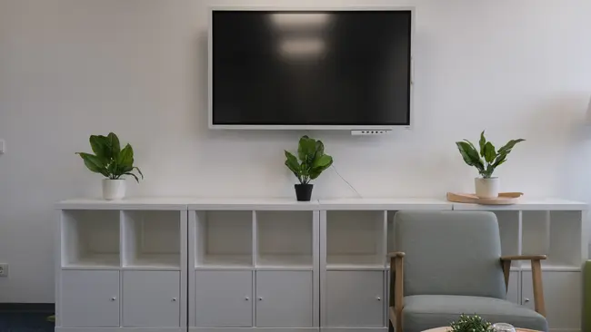 Ein moderner Raum mit einem großen Fernseher an der Wand. Darunter steht ein breites, weißes Möbelstück mit offenen Regalen und geschlossenen Fächern. Auf dem Möbelstück befinden sich zwei Topfpflanzen und eine kleine Dekoration. Ein grauer Stuhl ist im Vordergrund sichtbar.