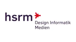 Logo der Hochschule für Medien, Kommunikation und Wirtschaft mit der Abkürzung "hsrm" in lila Schrift. Unter dem Schriftzug stehen die Begriffe "Design", "Informatik" und "Medien" in grauer Schrift. Ein roter Stern ist neben der "m" platziert.