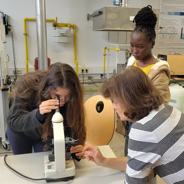 Drei Personen befinden sich in einem Labor. Eine junge Frau blickt durch ein Mikroskop, während eine andere Person neben ihr steht und zusieht. Eine dritte Person hilft, indem sie auf das Mikroskop zeigt. Die Atmosphäre ist lehrreich und experimentell.