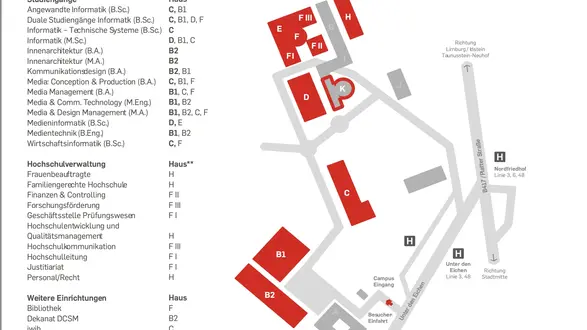 Campusplan Unter den Eichen im Queerformat mit Haltestellen und Studiengangsgebäuden eingezeichnet
