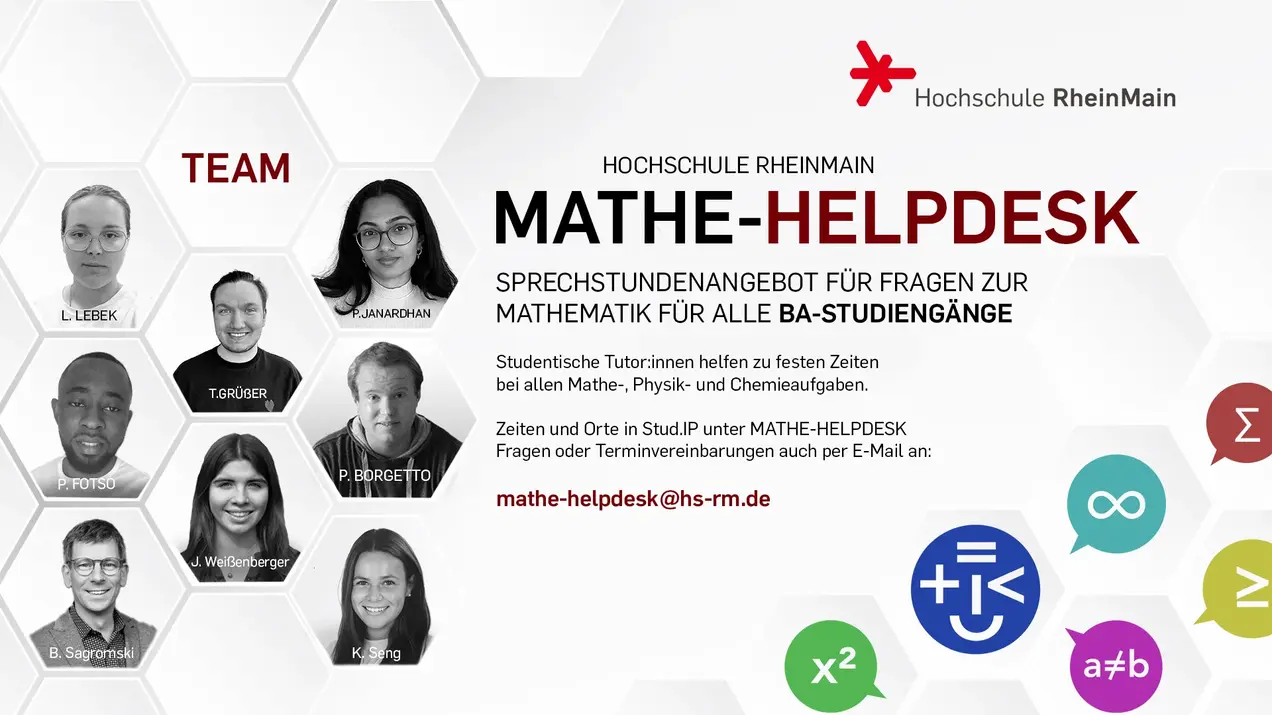 Fotos der Helpdesk-Tutor:innen, Informationen zum Mathe-Helpdesk, mathematische Zeichen in Sprechblasen