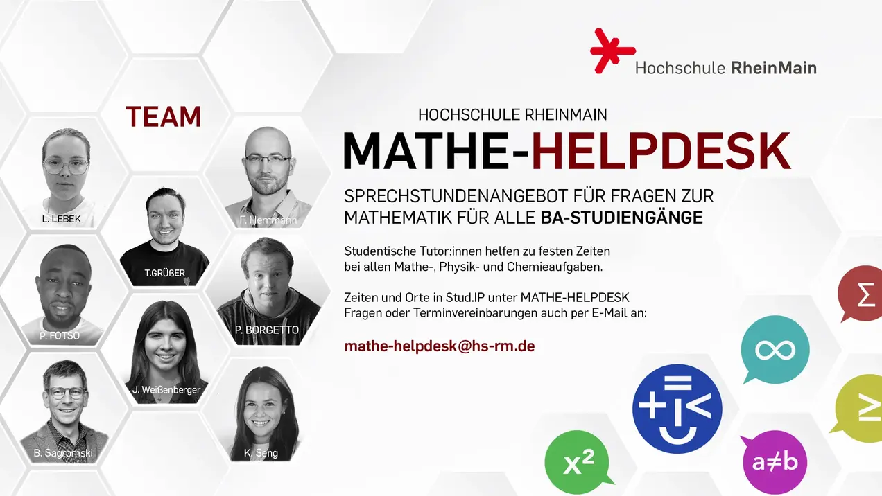Fotos der Helpdesk-Tutor:innen, Informationen zum Mathe-Helpdesk, mathematische Zeichen in Sprechblasen