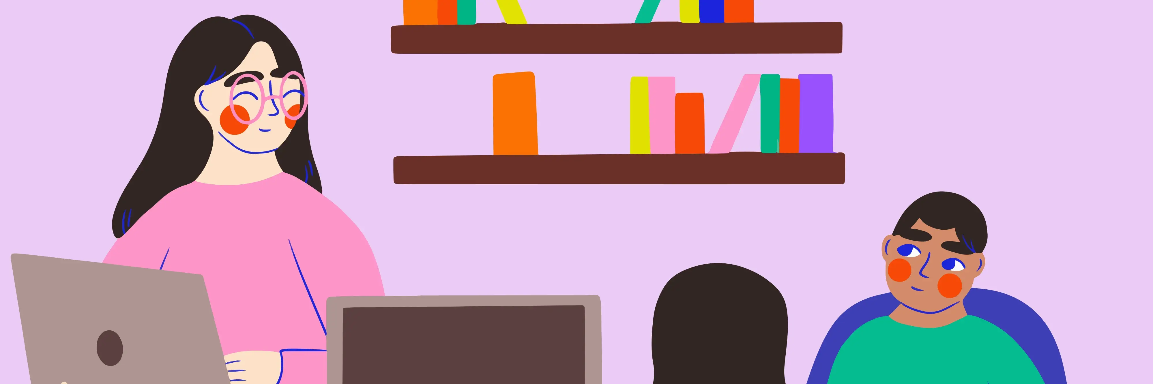 Angebote Vektor Grafik von 3 Menschen die um einen Tisch versammelt an Laptops und papieren sitzen.
