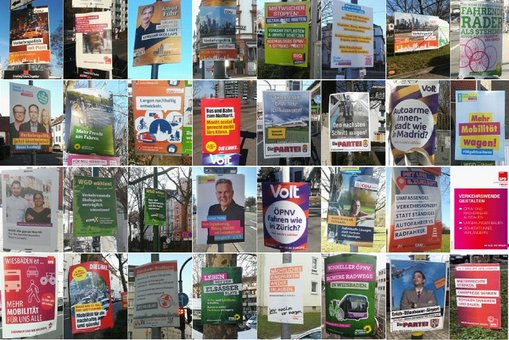 Collage hessischer Wahlplakate zum Thema Verkehr & Mobilität.