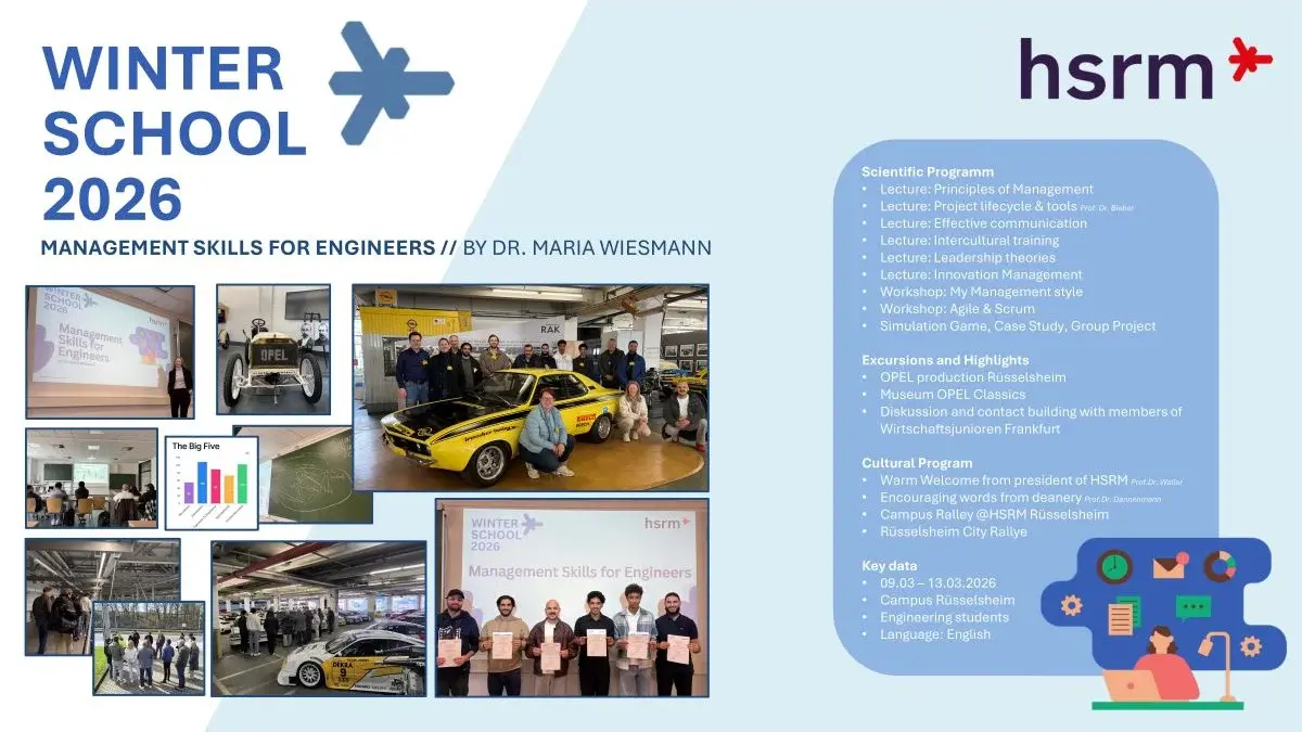 Die Winter School 2026 wird von Dr. Maria Wiesmann geleitet und bietet Managementfertigkeiten für Ingenieure an. Das Programm umfasst wissenschaftliche Themen, Exkursionen und kulturelle Aktivitäten. Wichtige Daten sind vom 13. bis 16. März 2026, mit internationalen Teilnehmern und Kursen in englischer Sprache.