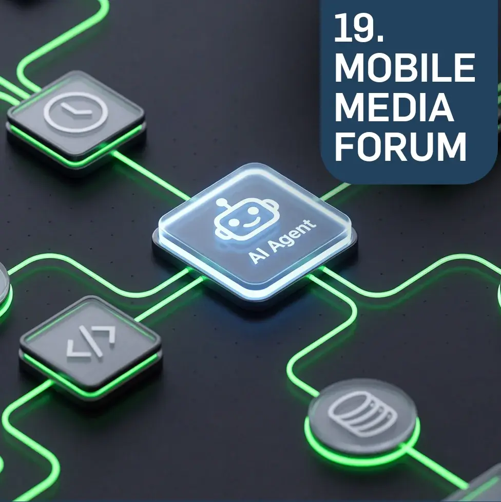 Das Bild bewirbt das 19. Mobile Media Forum, das am 29. September 2026 an der Hochschule RheinMain in Wiesbaden stattfindet. Es thematisiert das neue AI-First-Paradigma und die Zusammenarbeit zwischen Mensch und KI. Die Veranstaltung ist kostenlos und läuft von 9:00 bis 16:00 Uhr.