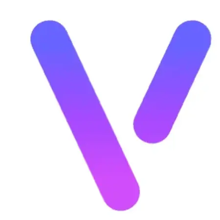 Eine stilisierte Animation des Buchstabens "V" in einem Farbverlauf von Lila zu Blau, die dynamisch erscheint und verschwindet. Die Formen sind weich und modern, um ein ansprechendes visuelles Gefühl zu vermitteln.