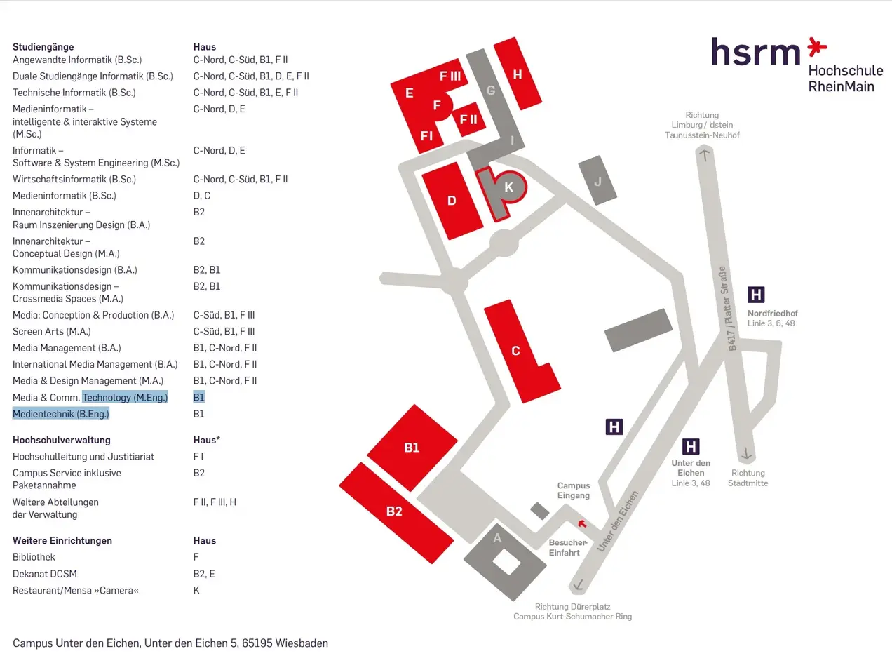 Schematische Darstellung des Campus Unter den Eichen der Hochschule RheinMain