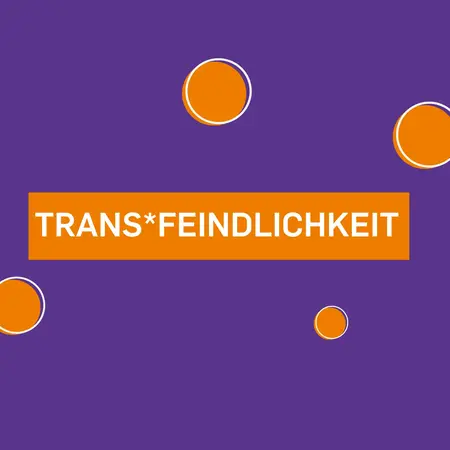 Lila Hintergrund mit orangenen Akzenten und der Überschrift Trans*feindlichkeit