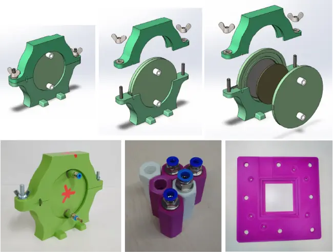 Technische Zeichnungen und Modelle von mechanischen Bauteilen in verschiedenen Grüntönen und einer lila Komponente. Die Abbildungen zeigen verschiedene Ansichten und Konstruktionen, einschließlich Halterungen und Verbindungen, die für maschinelle Anwendungen verwendet werden.