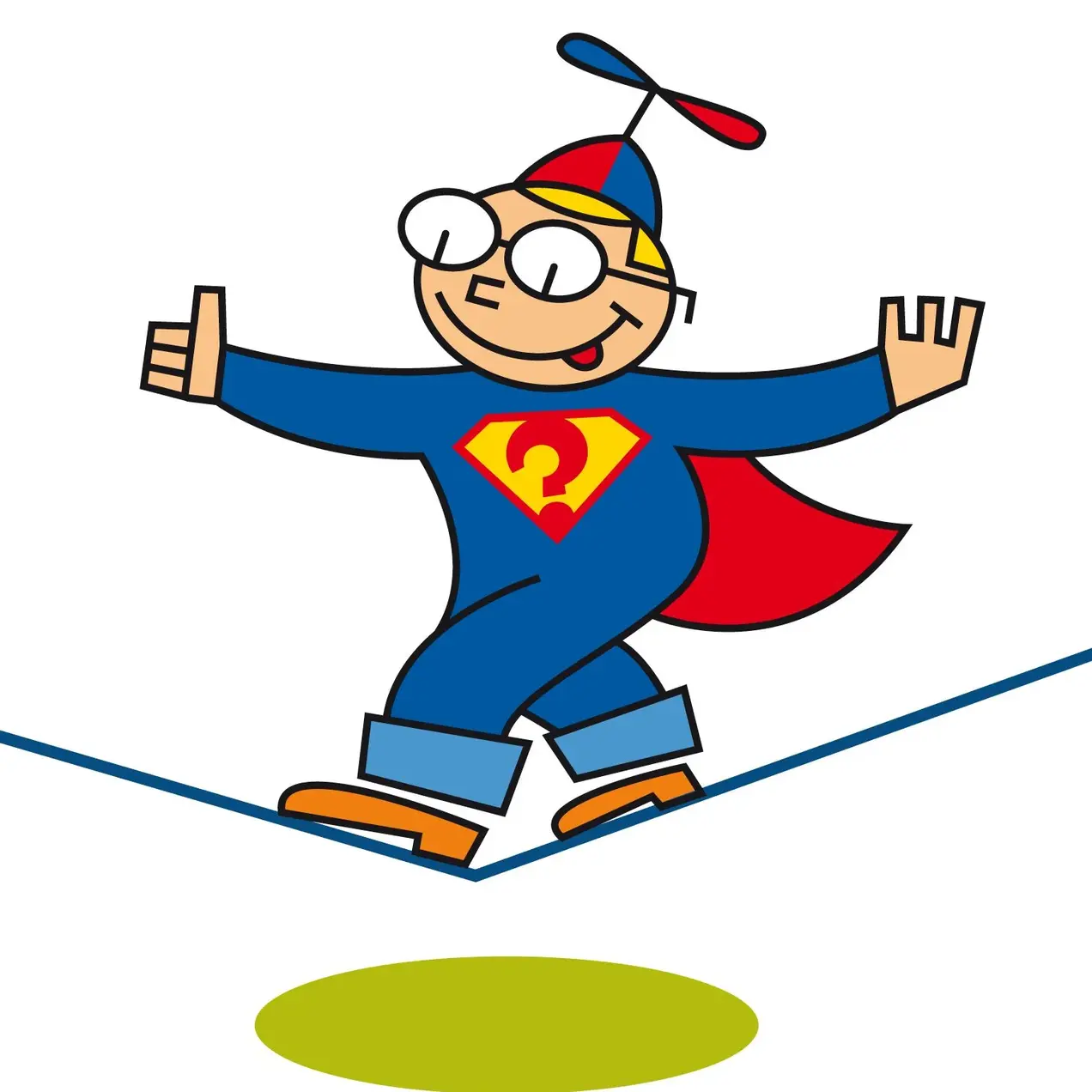 Ein fröhlicher, cartoonartiger Junge in einem Superheldenkostüm balanciert auf einem dünnen Seil. Er trägt eine rote Umhang und einen Hut mit einer Propellerhaube. Sein Gesicht zeigt ein Lächeln und er hält die Arme zur Balance ausgebreitet.
