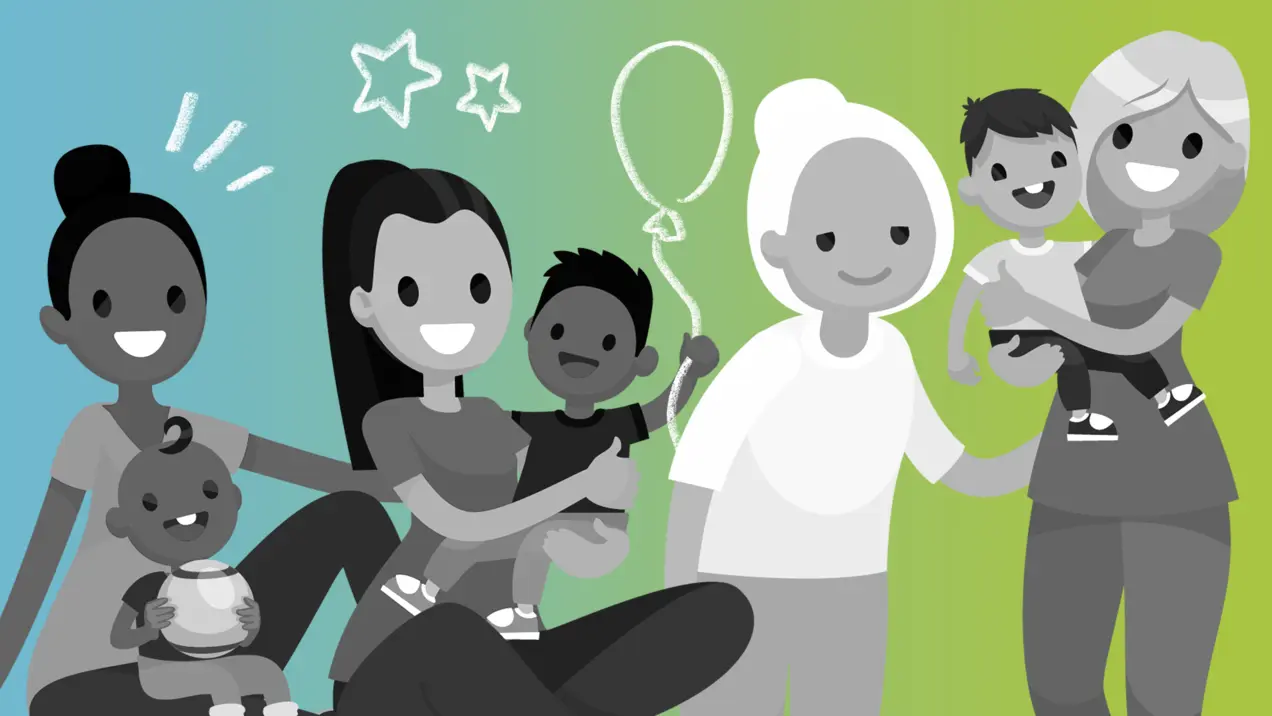 Cartoon Darstellung von mehreren glücklichen Mitgliedern einer Familie. Die Menschen sin schwarz-weiß, während der Hintergrund ein Verlauf zwischen Blau und Grün ist.