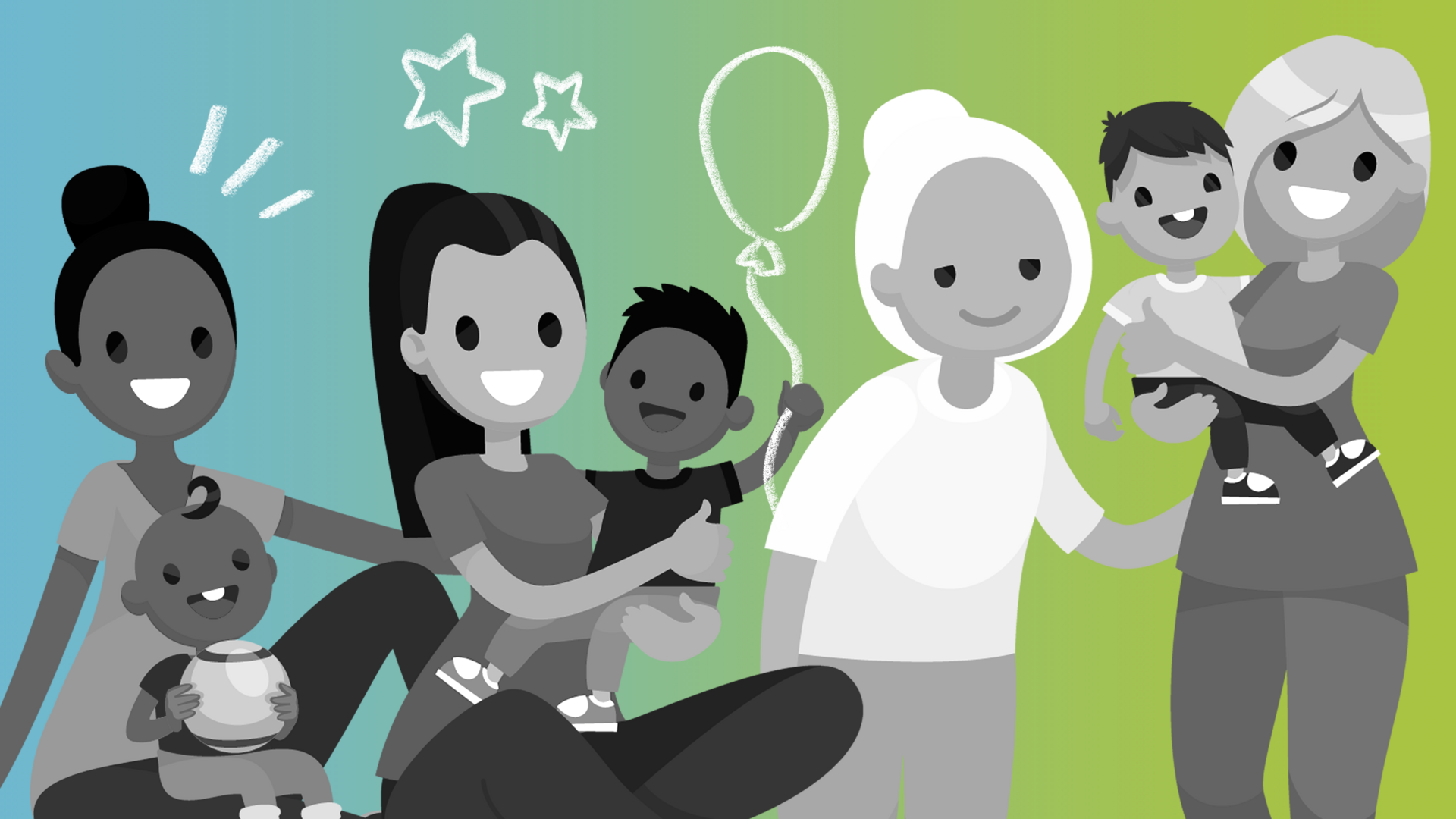 Cartoon Darstellung von mehreren glücklichen Mitgliedern einer Familie. Die Menschen sin schwarz-weiß, während der Hintergrund ein Verlauf zwischen Blau und Grün ist.
