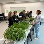 Besucher:innen der Veranstaltung stehen an Stand der Planzentauschbörse.