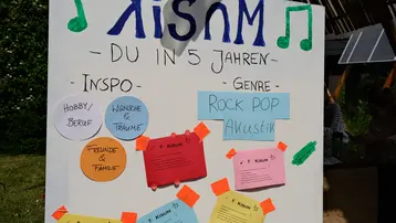 Ein Plakat mit dem Titel "KISAM - Du in 5 Jahren." Es enthält verschiedene Kategorien: Inspiration, Hobby, Beruf, Wünsche & Träume sowie Freunde & Familie. Die Genres Rock, Pop und Akustik sind hervorgehoben. Farbige Zettel vermitteln persönliche Ziele und Visionen.