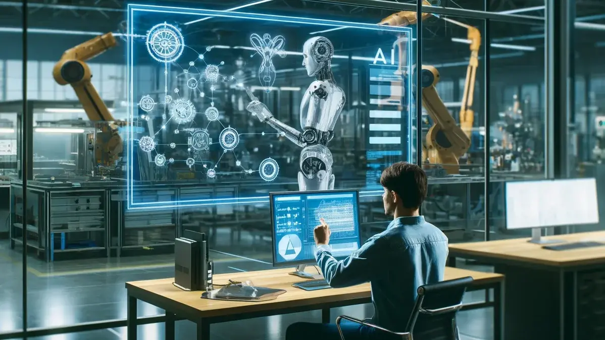 Mensch sitzt vor einem VR-Bildschirm, im Hintergrund ist eine Produktionshalle zu sehen