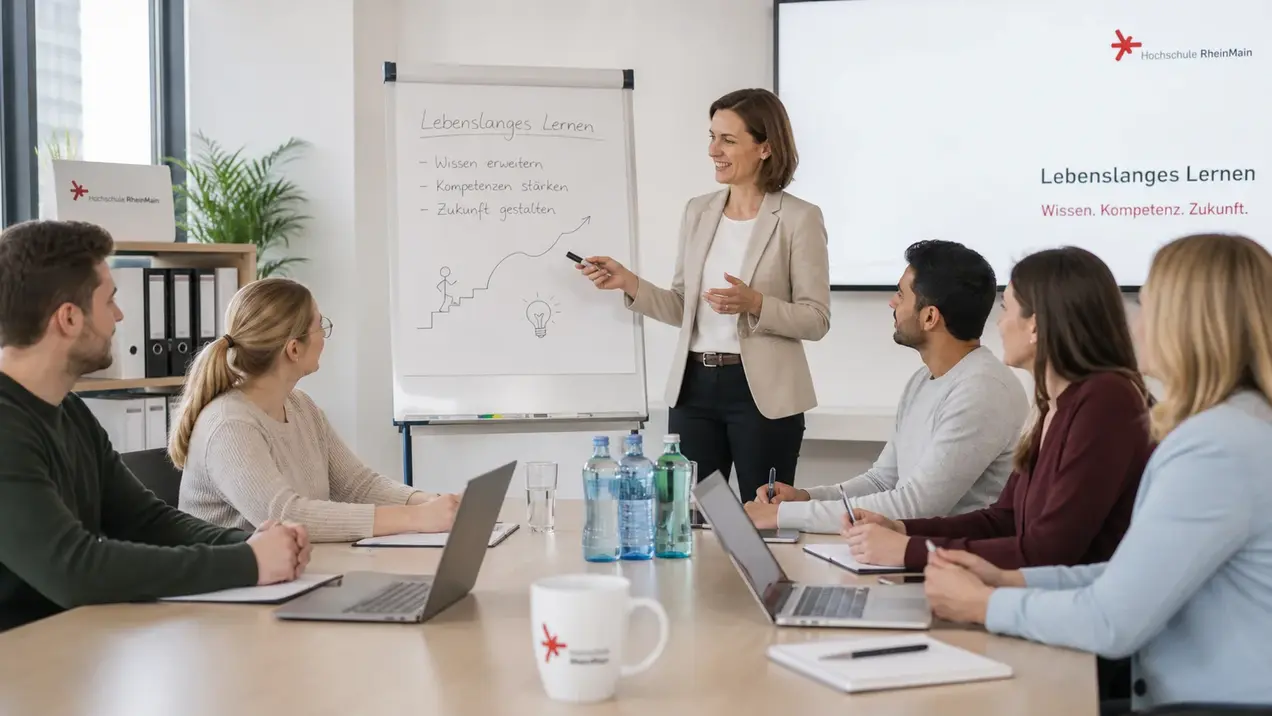 Diverse Gruppe von Verwaltungsfachangestellten in einem hellen Seminarraum, die einer Referentin beim Thema „Lebenslanges Lernen“ an Flipchart und Leinwand folgen; Hochschule-Logo im Hintergrund, Laptops und Notizen auf dem Tisch.