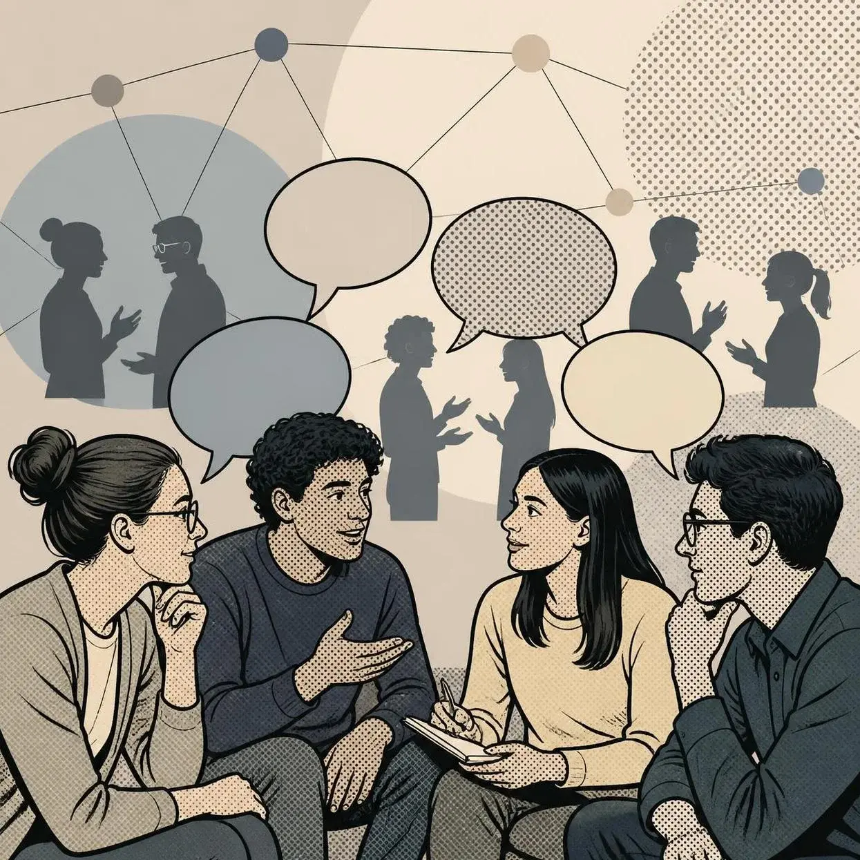 Vier Personen sitzen in einer Gruppe und führen anregende Gespräche. Sie zeigen verschiedene Gesten und Gesichtsausdrücke, die Interesse und Engagement verdeutlichen. Im Hintergrund sind abstrakte Sprechblasen und grafische Elemente dargestellt, die den Austausch betonen.