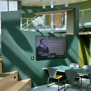 Blick auf die in Grüntönen gestaltete Raumskulptur in der Bibliothek Unter den Eichen