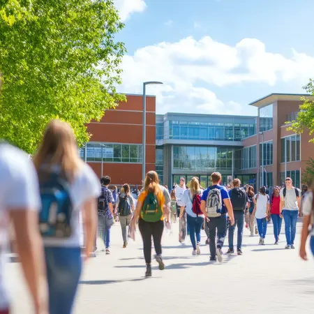 Eine Gruppe von Azubis geht einen offenen Campusweg entlang, umgeben von Bäumen und modernen Gebäuden. Die Sonne scheint, und die Atmosphäre wirkt geschäftig und freundlich. Die Auszubildenden tragen Rucksäcke und sind in Gespräche vertieft.