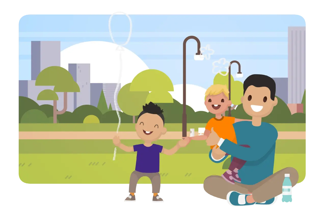 Vektorillustration von einem Vater mit zwei Kindern vor einem Park 