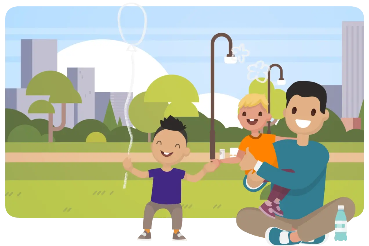 Vektorillustration von einem Vater mit zwei Kindern vor einem Park 