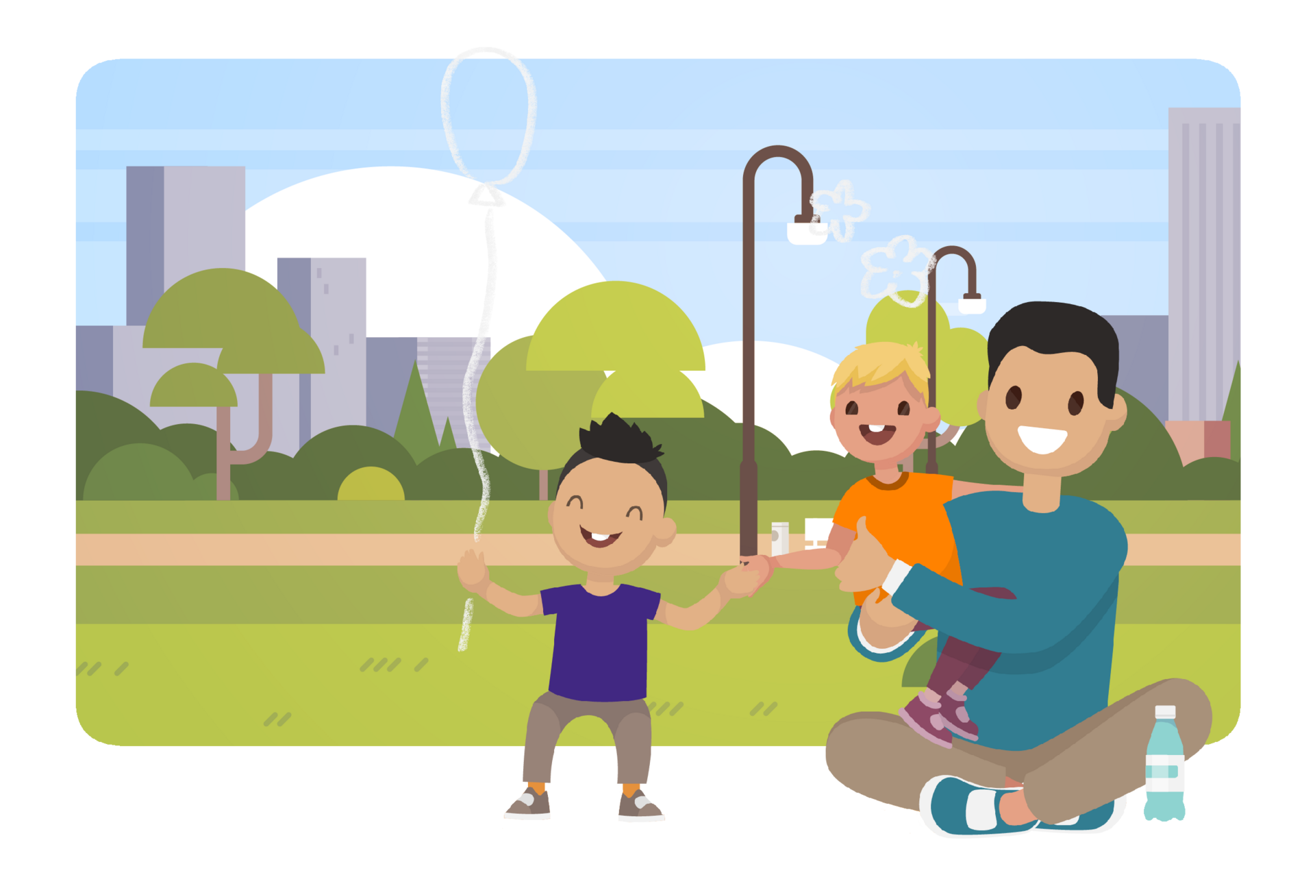 Vektorillustration von einem Vater mit zwei Kindern vor einem Park 