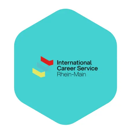 Das Bild zeigt ein sechseckiges Logo in aquamarinblau mit dem Schriftzug „International Career Service Rhein-Main“. Es enthält farbige grafische Elemente in Rot, Blau und Gelb.